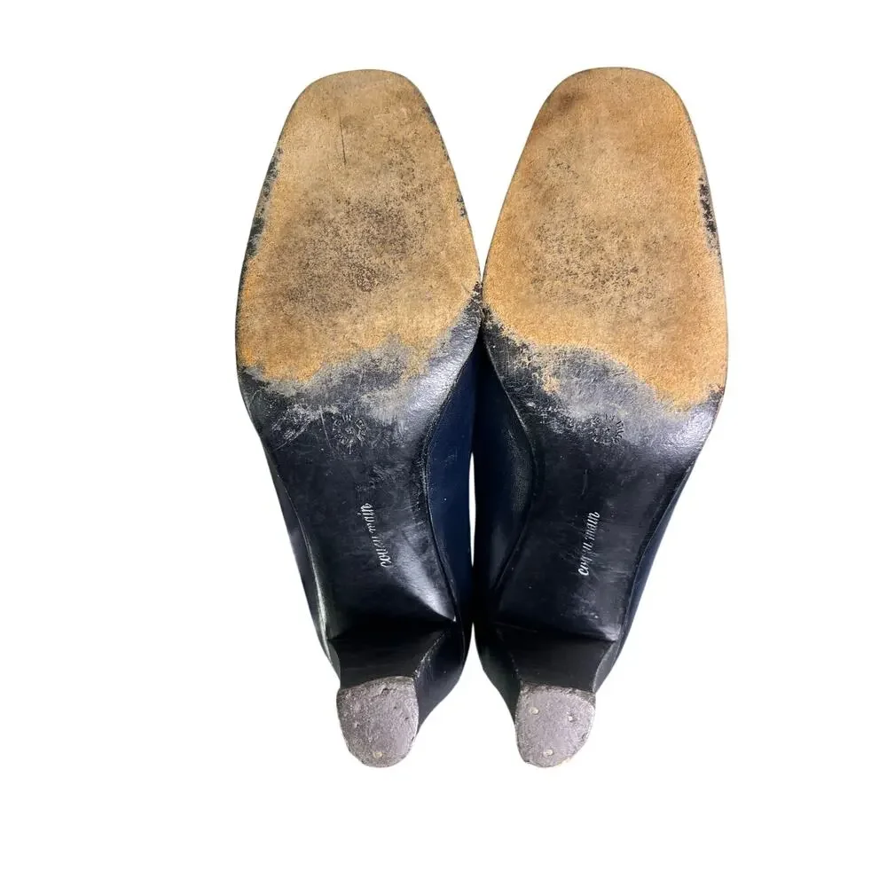 Celine Vintage Shoes Womens Sz 8 Blue‎ Leather Gold Trim Classic Old Money